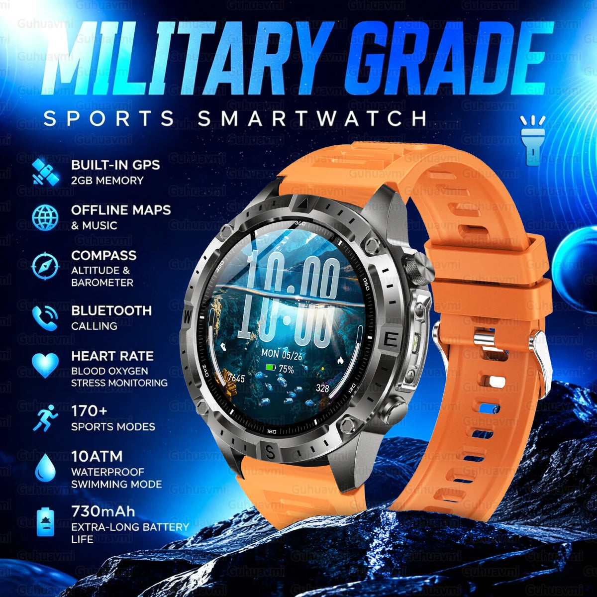 2026 New Rugged Military Smartwatch 2GB Memory GPS Offline Maps Compass 24H Heart Rate 10ATM Waterproof Bluetooth Sports Watches