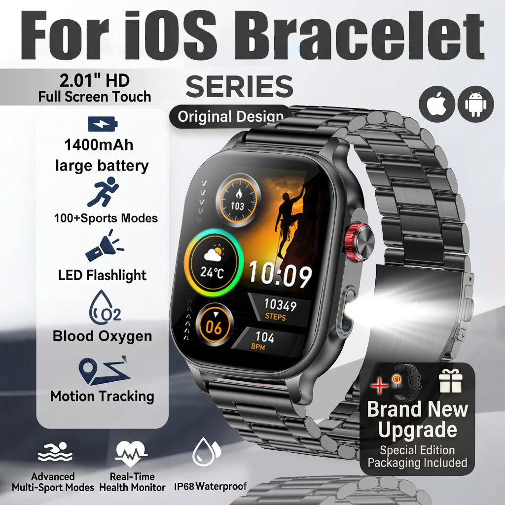 New1400mAh Large Battery Smart Watch 5ATM Waterproof LED Flashlight 100+ Sports Modes Heart Rate Fitness Tracker Men Smart Watch