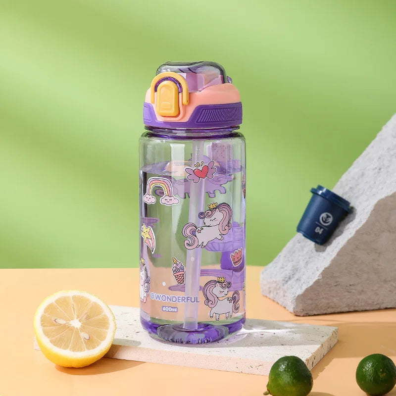 600ml Cartoon Animal Water Bottle Portable Safety Lock Cute Straw Cup Kids Leak-proof Drinking Jug For Outdoor Camping Travel