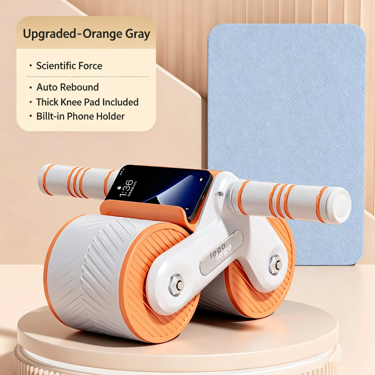 Auto Rebound Double Wheel Ab Roller with Phone Holder Non-Slip Abdominal Workout Wheel Home Core Trainer for Beginner Fitness