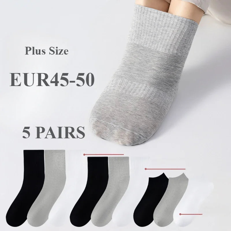 6 Pairs Plus Size EUR45-50 Men Socks High Quality Cotton Ankle Socks Black White Grey Crew Socks Sports