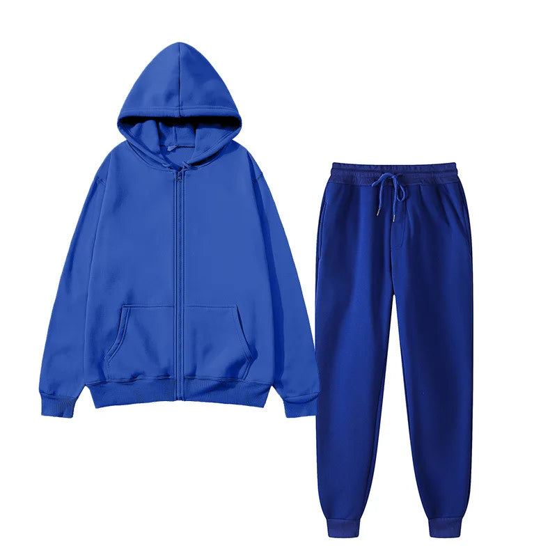 Unisex Solid Color Sportswear Set, Fashionable and Casual, Autumn and Winter Warm Zipper Hooded Cardigan Sweatshirt+Sweatpants