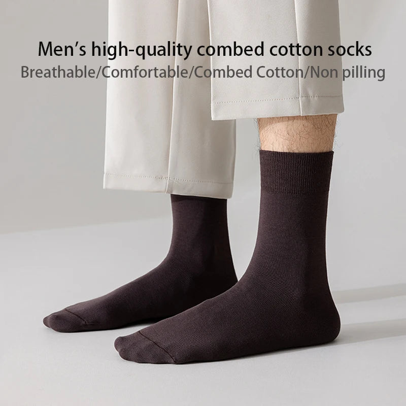 5Pairs High Quality Men's Combed Cotton Socks Boneless suture New Casual Breathable Black White Business Male Long Sock EU39-45