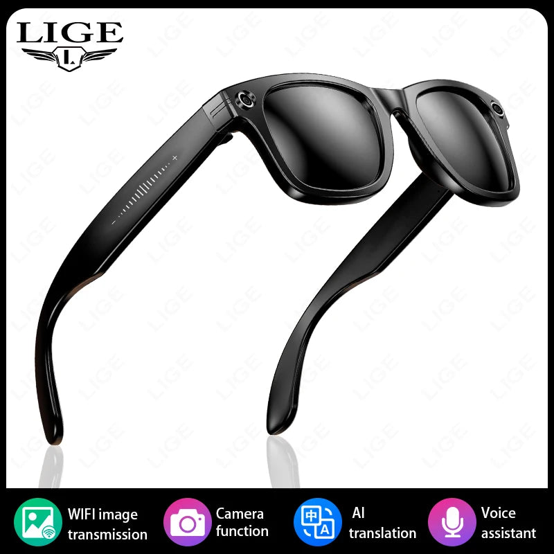 LIGE AI Smart Glasses with Camera Music Video Bluetooth Call Glasses Man 270mAh Voice Assistant Music Sunglasses for Android iOS