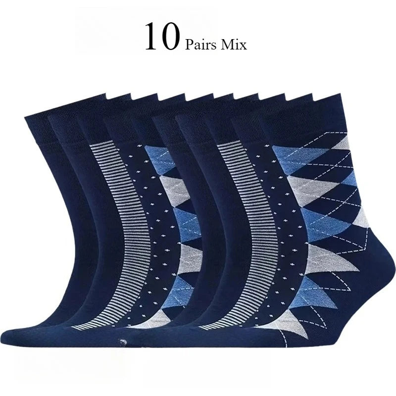5/10 Pairs Men's Rhombus Blue Business Mid Tube Socks Anti Odor Sweat Absorbing Comfortable Breathable All Season Casual Socks