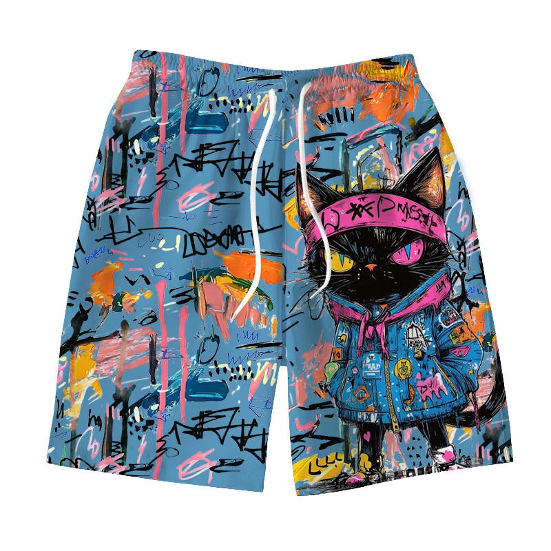 Cool Men's Hawaiian Swimming Trunks 3D Graffiti Kitten Macaron Shorts Quick-drying Outdoor Leisure Sports Fashion Men's Shorts