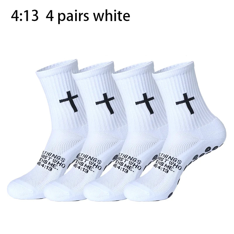 4 Pairs Christian Socks Prayer Socks Jesus Socks, Cross Grip Soccer Socks - Anti-Slip Grips Sports Sock with Bible