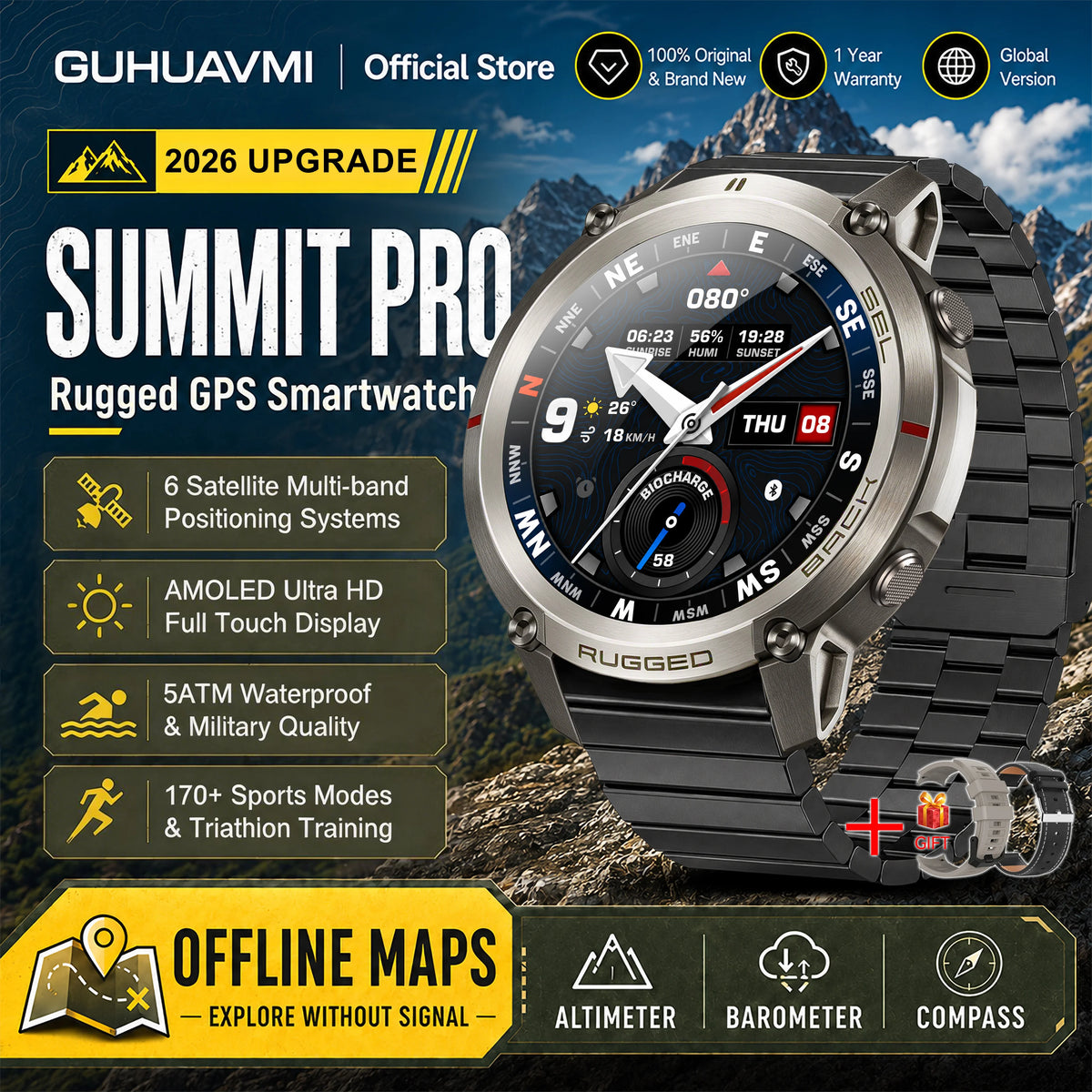 2026 New Google Maps Smart Watch GPS Route Tracking Offline Map Compass Fitness Tracker BT Call Rugged Outdoor HD Smartwatch Men