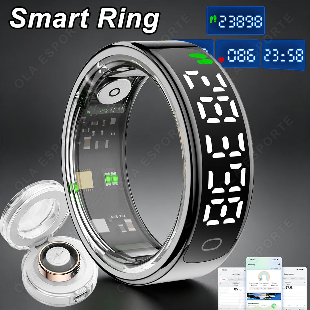2026 New Smart Ring with Touch Display Screen With Charging Box Sleep Health Manager Pedometer Waterproof For Android iOS R12