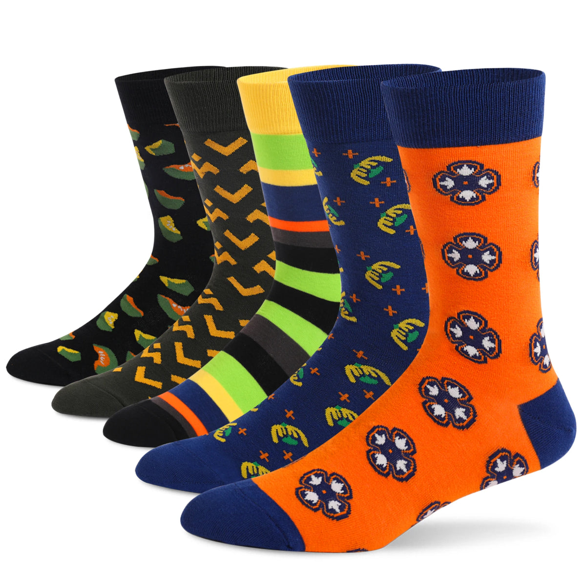 5 Pairs Mens Dress Socks Plus Large Size,High Quality Combed Cotton Crew Socks,Black Cool Argyle Breathable Casual Socks for Men