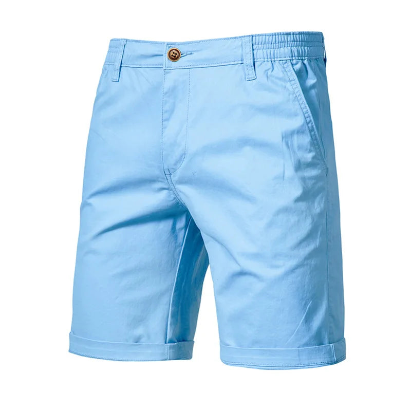Summer Men's Shorts Solid Color Mid-Waist Elastic Waistband Casual 1/2 Pants Turn-up Hem Streetwear Shorts for Male