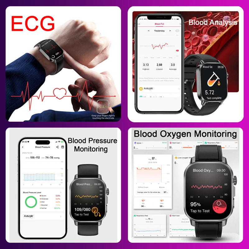 Nursing Grade AI Health Analysis Diagnose Smart Watch ECG+PPG Clock Blood Pressure Blood Lipid Uric Acid HD Call Watch Men Women
