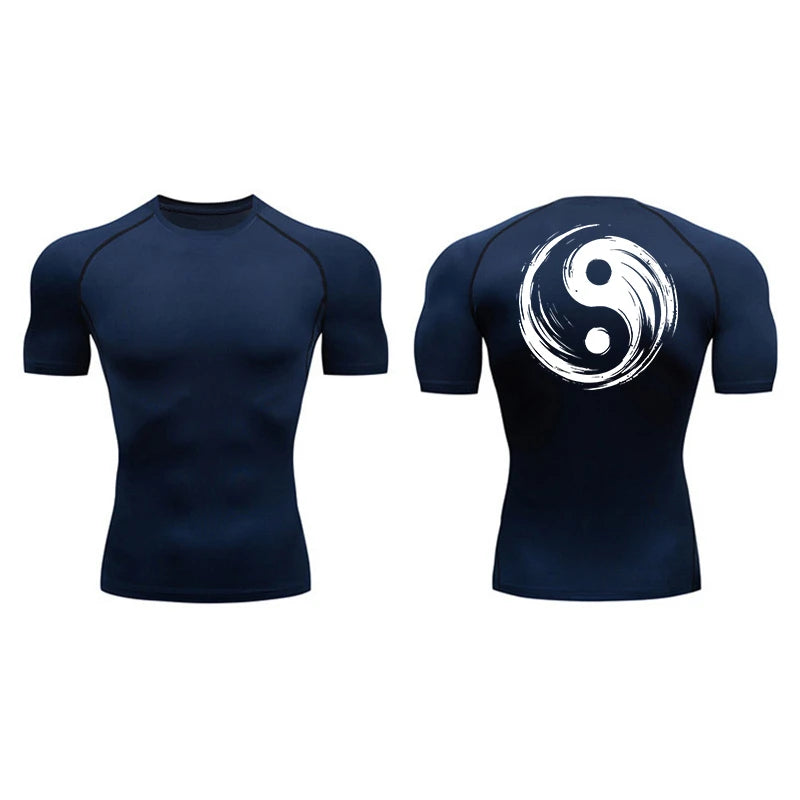 Yin Yang Sword Print Short Sleeve Compression Shirts for Men Summer Athletic Quick Dry T-shirts Gym Workout Running Tees Tops