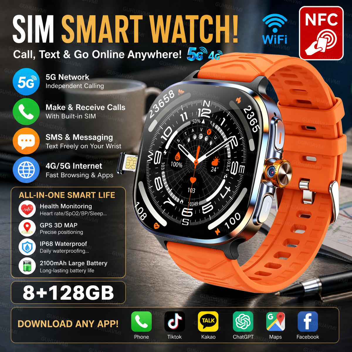 2026 New 5G/4G Smart Watch 8+128GB SIM WiFi GPS Google Maps HD Camera Video Call AI Assistant Google Play Smart Watch Men Lady