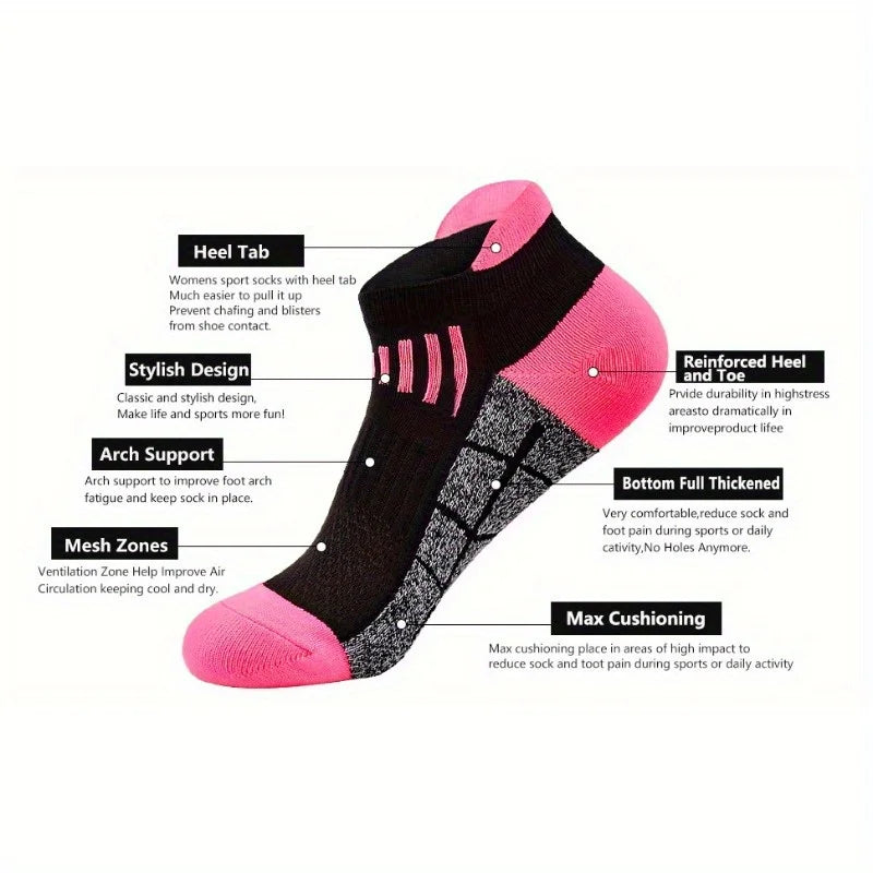 6 Pairs of Women's Spring and Summer Compression Sports Socks - Low Top, Cushioning, Breathable, Moisture Wicking, Arch Support, Ankle Socks, Suitable for Running, Cycling, Hiking and Outdoor Activities, 6 Pairs of Socks of R