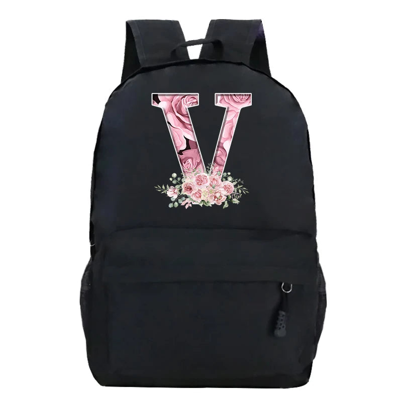 Pink Rose Alphabet Backpack Black Casual Women Aesthetics Rucksack Teenage Girl Boy Flower Letter School Bag Student Mochilas