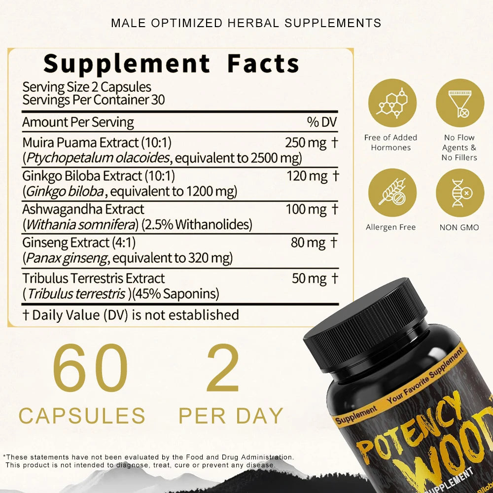 Extra Strength Male Supplement with Panax Ginseng Ashwagandha Gingko Tribulus Extract for Energy, Stamina, & Boosting Blood Flow