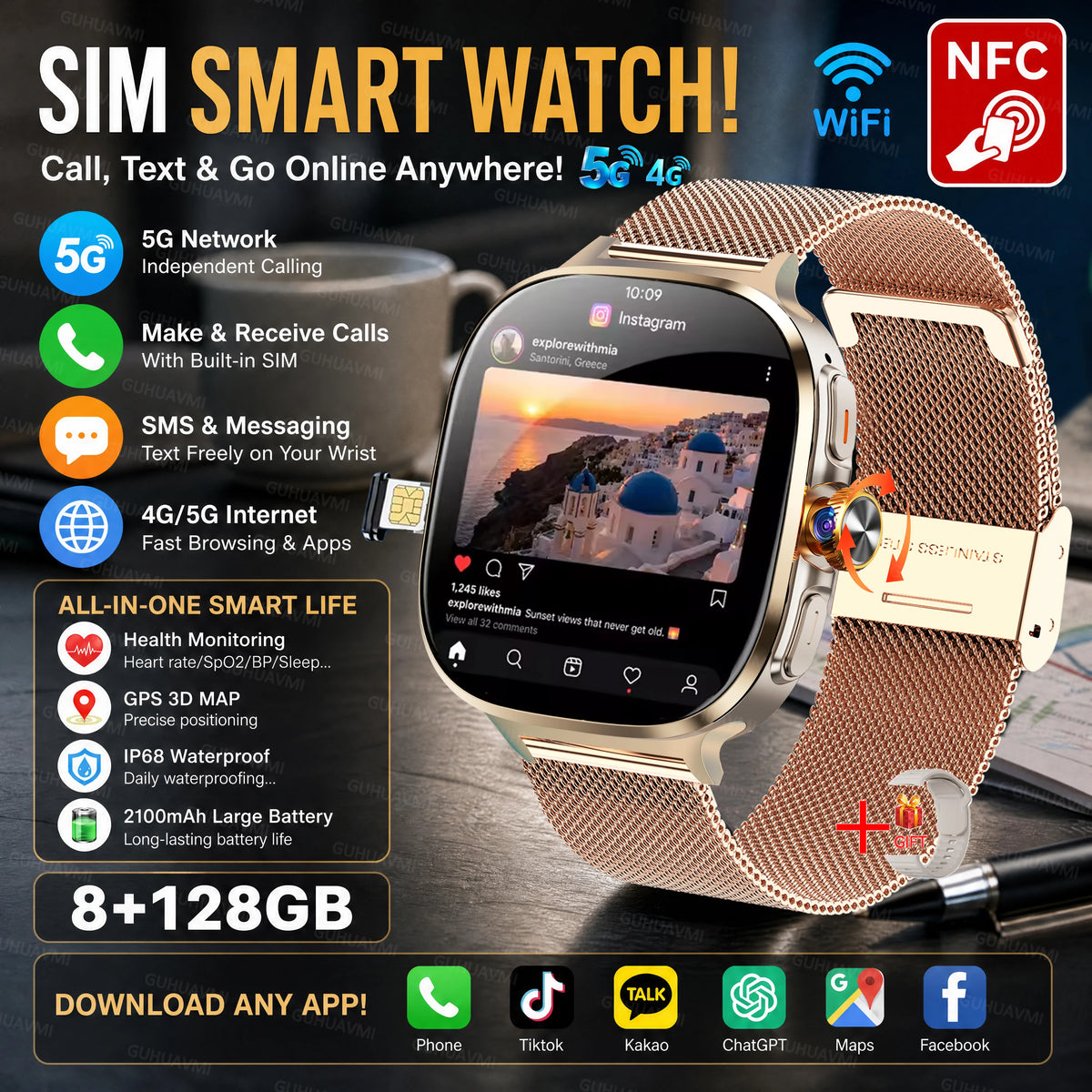 2026 New 5G/4G Smart Watch 8+128GB SIM WiFi GPS Google Maps HD Camera Video Call AI Assistant Google Play Smart Watch Men Lady