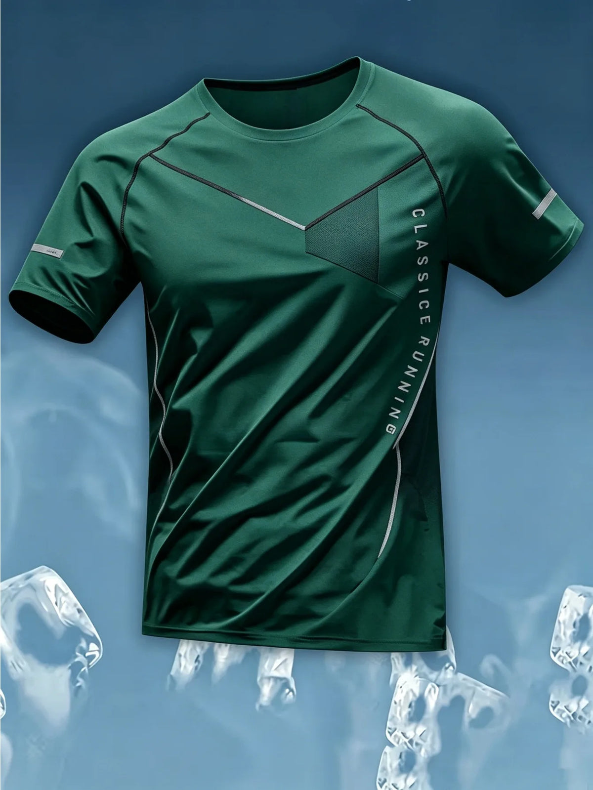 Men Sports Tee High Elastic Quick Dry Breathable Light Blue Geometric Letter Print Running Fitness Training Top
