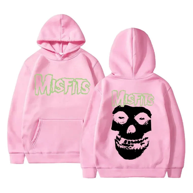 2025 Horror Punk Misfits Skull Graphic Print Hoodie Men Gothic Vintage Loose Fleece Cotton Hooded Sweatshirt Rock Style Pullover