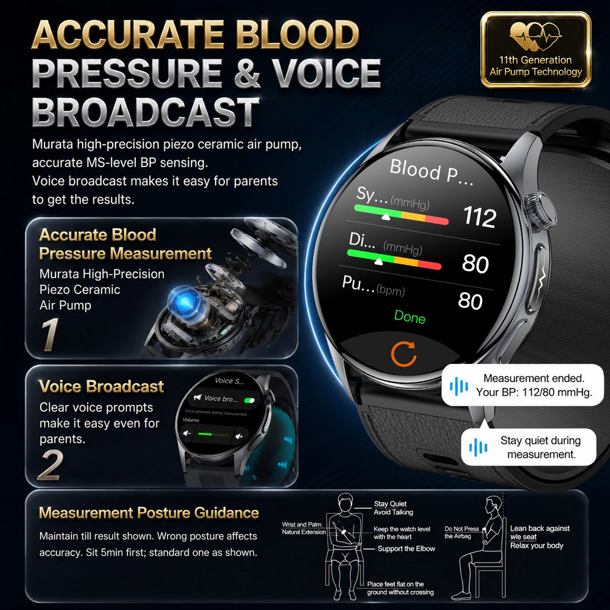 2026New Upgrade Airbag Health Smart Watch Accurate Blood pressure Uric Acid ECG 1.56“AMOLED Screen payment Fitness Nursing Watch