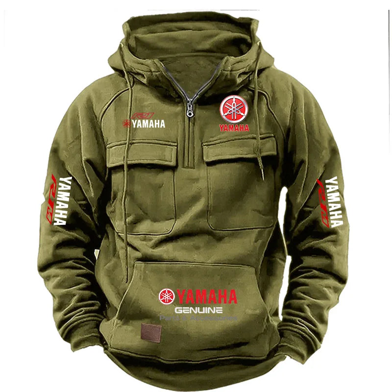 2026 New YAMAHA Logo Motorcycle Racing Race Retro Velvet Half Zipper Hoodie Men's Multi Pocket Autumn/Winter Casual Sweatshirt