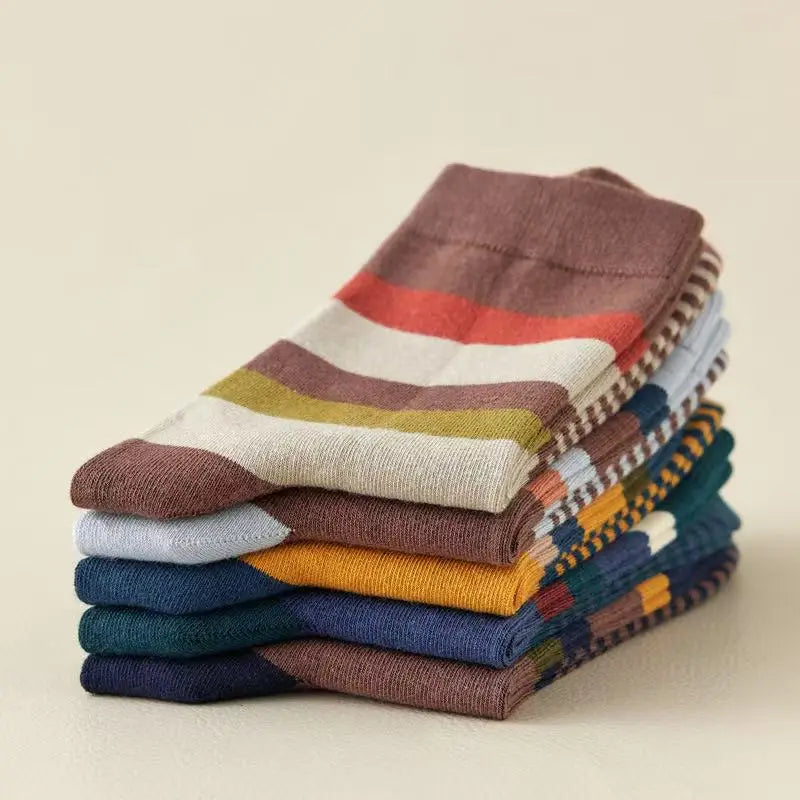 5Pairs/Lot Men's Socks Combed Cotton Outdoor Party Compression Long Socks Fashion Colorful Square Stripe Happy Casual Socks Men