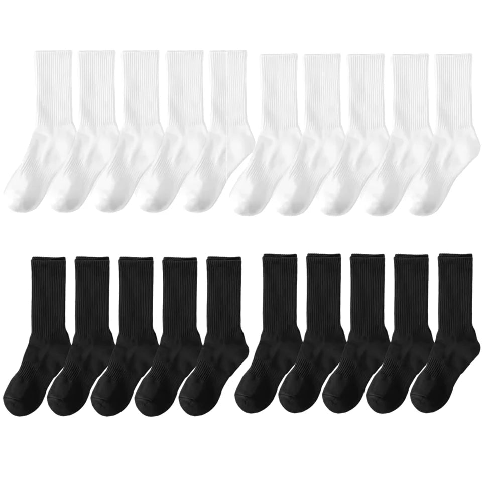 10/20/30Pairs Pure Cotton Men's High Socks Classic Black White Breathable Sweat-Absorbent Warm Elastic Sports Socks
