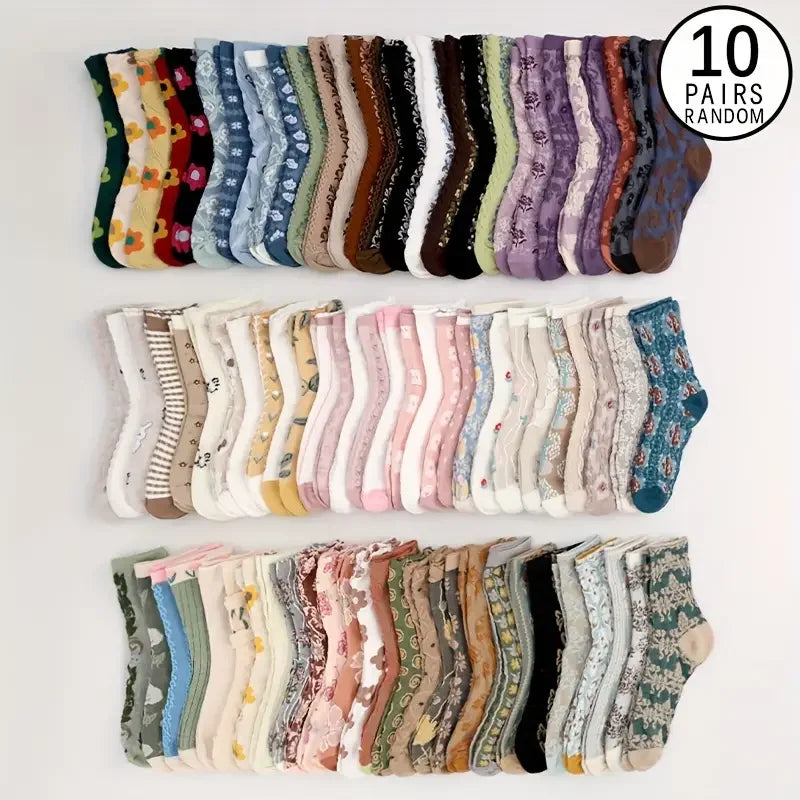 10/20 Double Mixed Vintage 3D Relief Design Women's Middle Socks Forest Plant Flowers Soft and Comfortable Casual Women's Socks