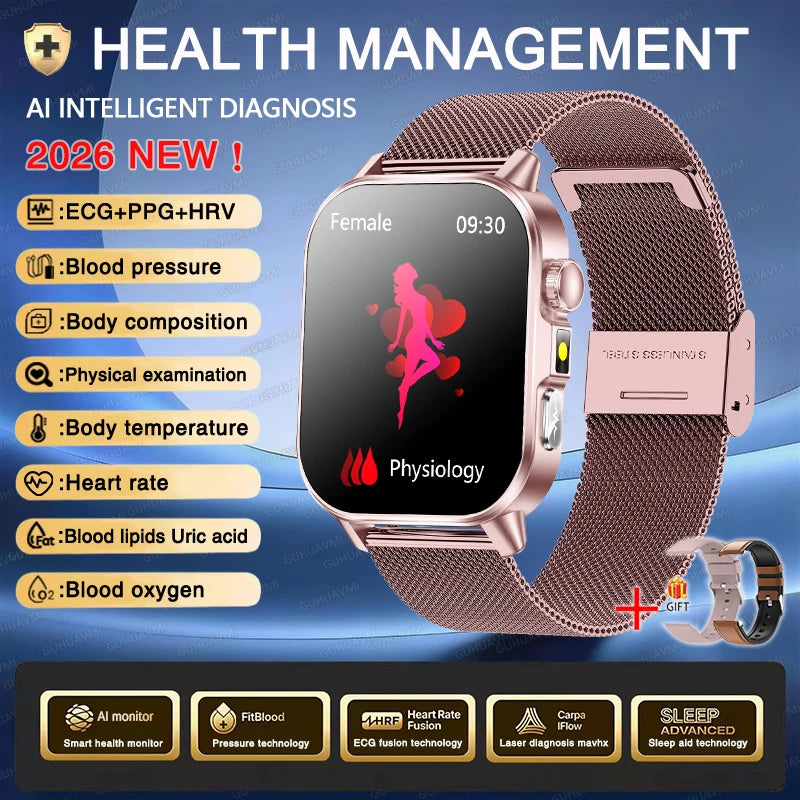 2026 New ECG+PPG Health AI Diagnosis Analysis Smart Watch Blood Lipid Uric Acid Tracker Clock NFC Bluetooth Call Watch Men Women