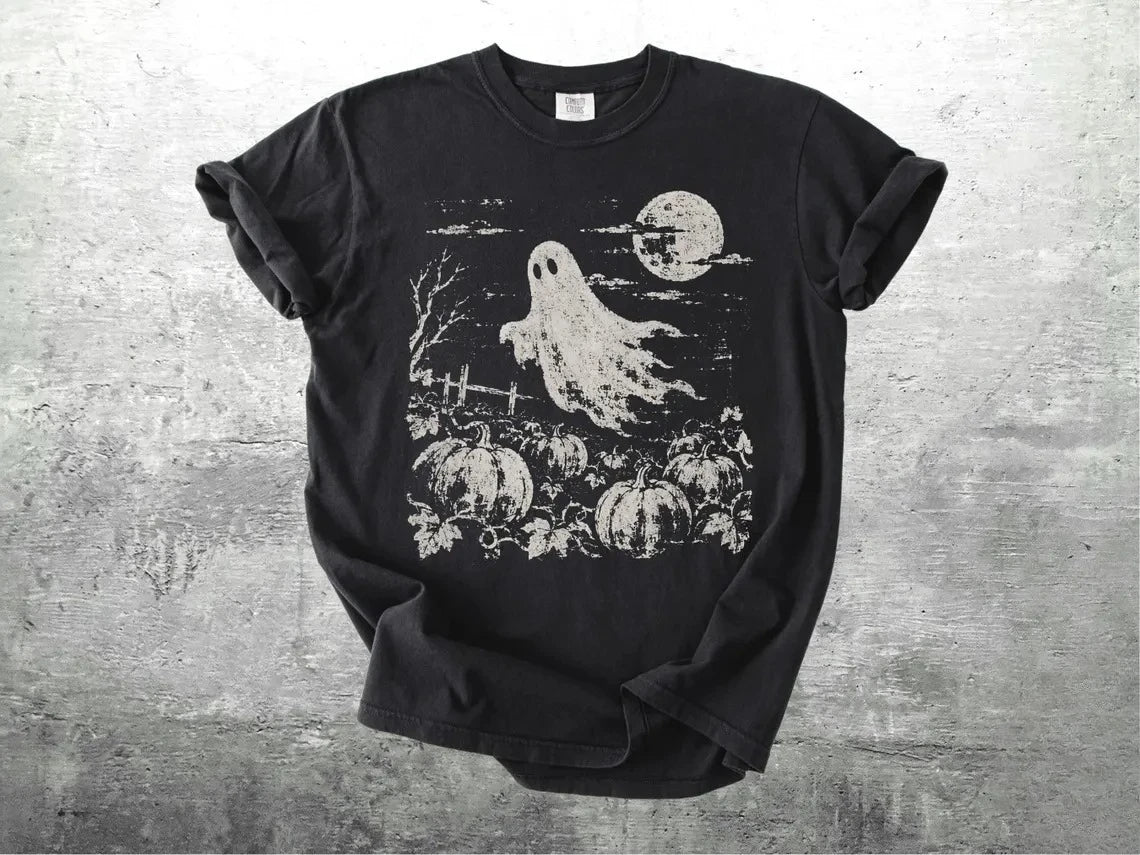 Vintage Halloween Ghost T Shirt Men Women Retro Ghost Pumpkin Moon Print Tee Washed Loose Casual Gothic Fall Streetwear T-shirt