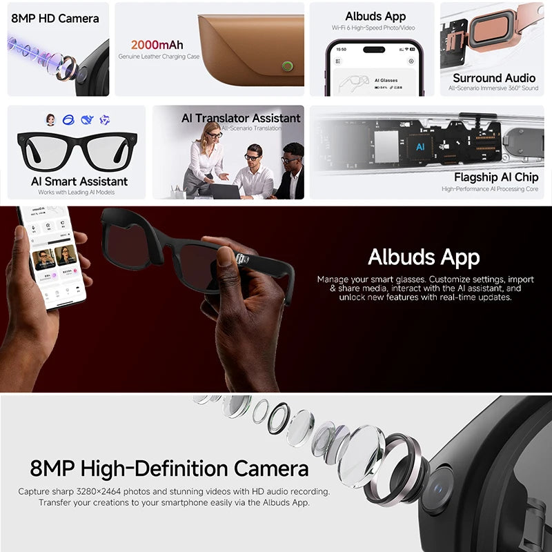 Upgraded HD5-ultra AI Smart Glasses AI Real-time Translation 800W Pixel Camera Photo Video Recording 300 Mah Smart Glasses 2026