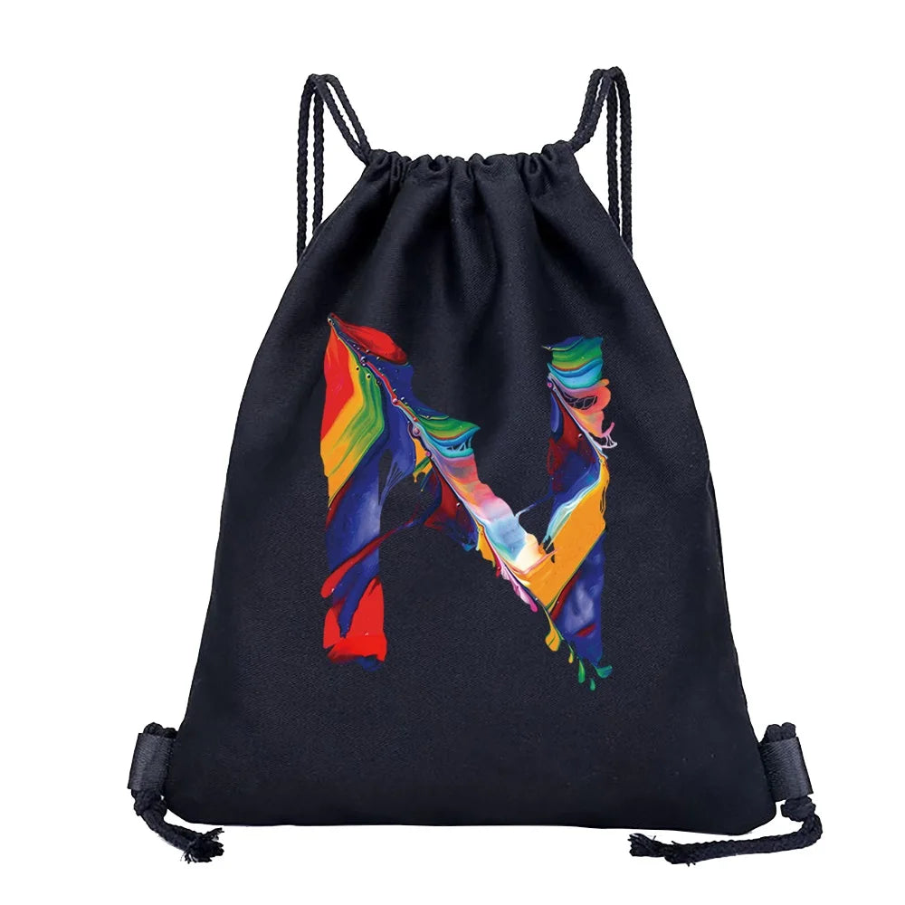 26 Initials Print Drawstring Bag Backpack Men and Women Beach Sports Travel Backpack Kid Gift Supplies Bag Portable Sundries Bag