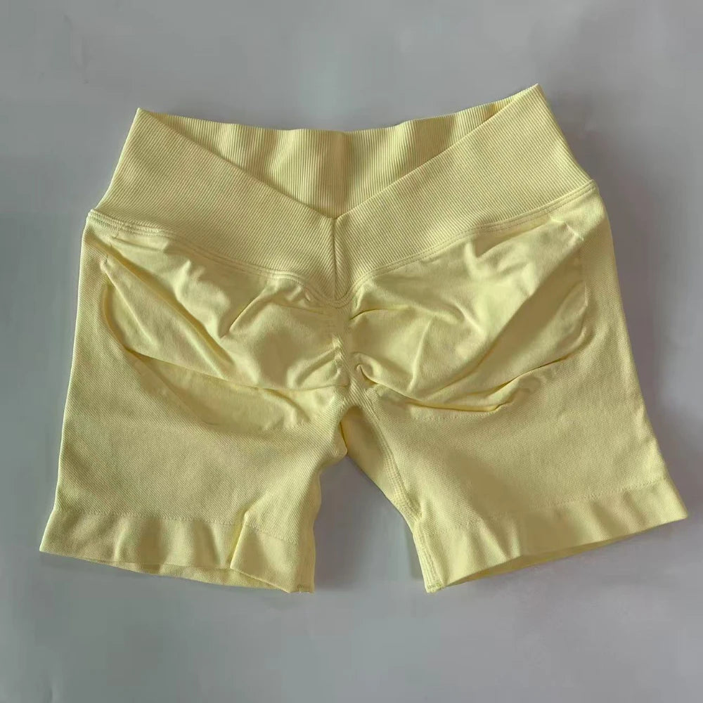 No Logo Women Back V Waist Yoga Shorts High Elastic Seamless Flex Scrunch Bum Workout Gym Shorts Yoga Booty Running Short Pants