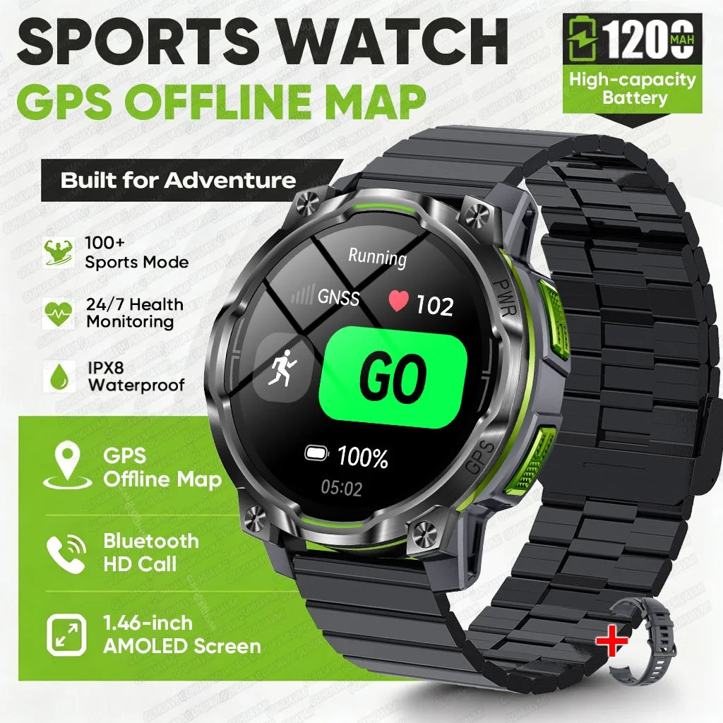 2026 New GPS Offline Map Smart Watch Men 1200mAh Battery IPX8 Waterproof Compass Altimeter Flashlight Bluetooth Call Smartwatch