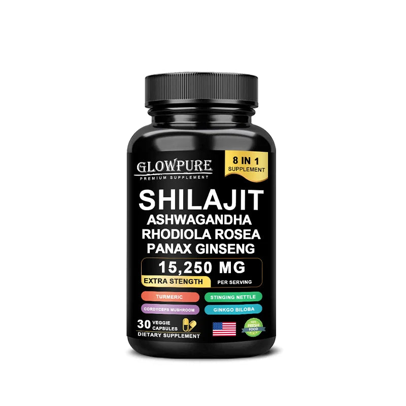 Shilajit 8-in-1 Supplement with Ginseng & Ashwagandha Supports Brain Memory Energy Immunity Focus Vitality 30/60 Capsules