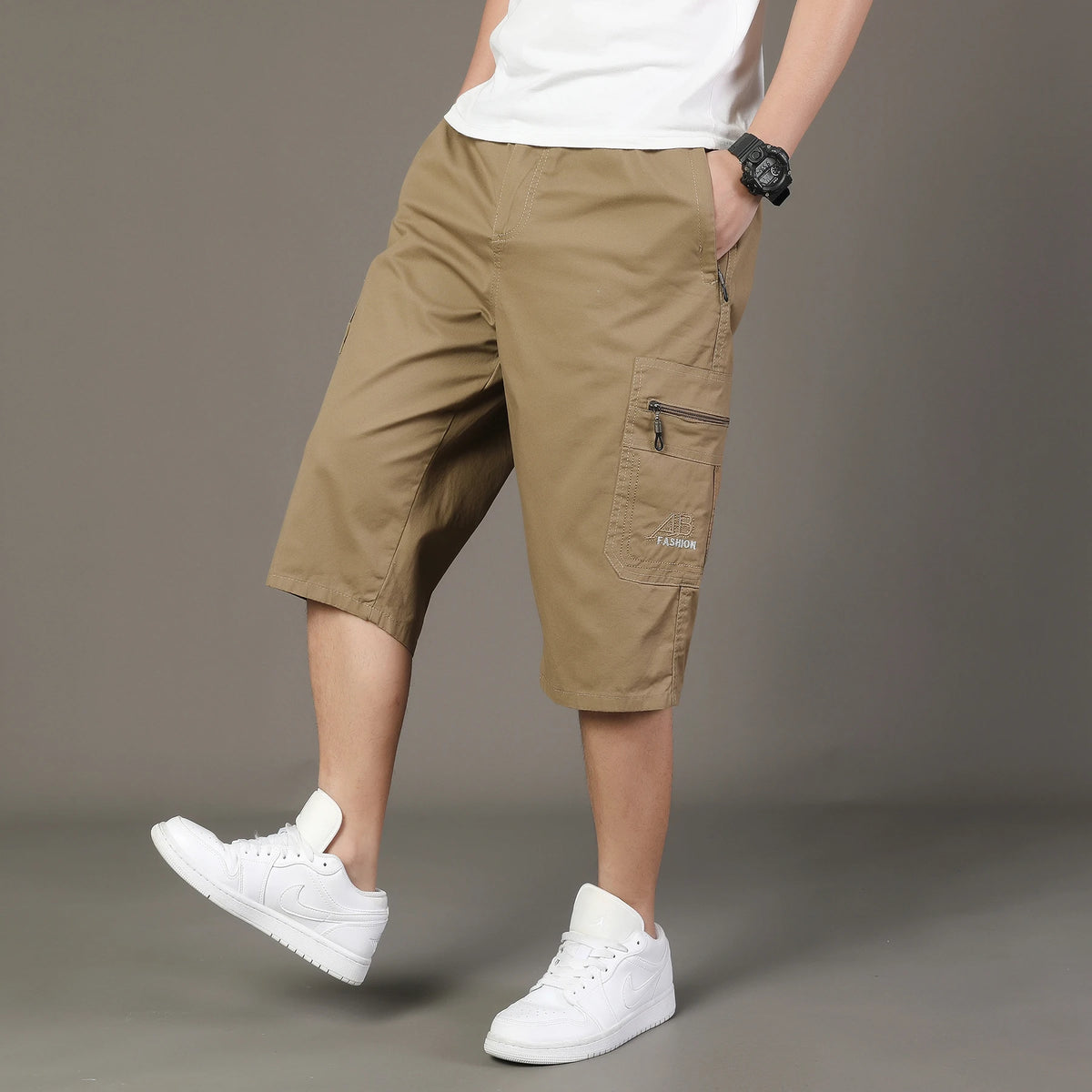Loose Cargo Shorts Outdoor Hiking Man Keen Length Summer Cotton Breathable Elastic Waist Short Pants Drawstrring 3/4 Cargo Pants