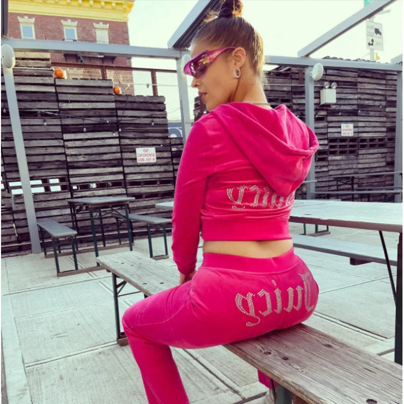 2026 New Spring And Autumn Tracksuit Women Velvet Diamond Long Sleeve Pants Hoodie Zipper Casual Two Piece Set