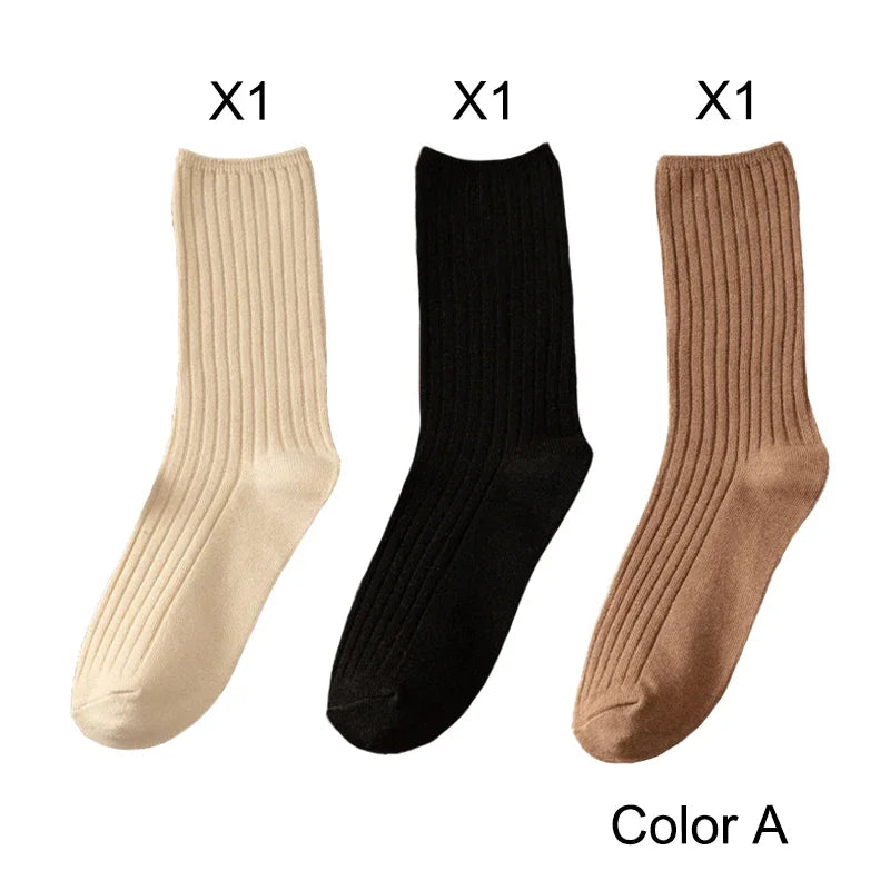 3 Pairs Lot Socks Sets Women Solid Color Elegant Retro Long Women Socks Breathable Japanese Style Casual Cotton Long Sock