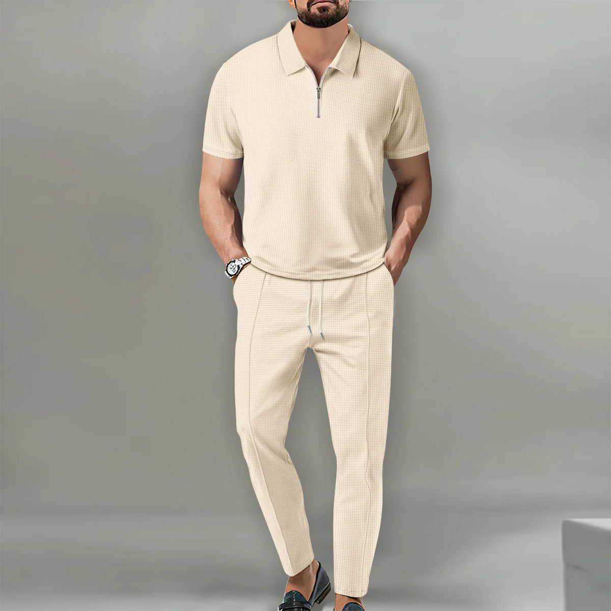 Autumn New European and American Men's Solid Color Casual Comfort Set, Pants, Short Sleeves, Zipper Set