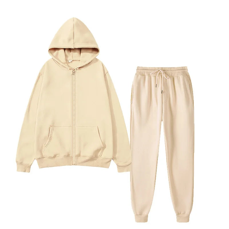 Unisex Solid Color Sportswear Set, Fashionable and Casual, Autumn and Winter Warm Zipper Hooded Cardigan Sweatshirt+Sweatpants