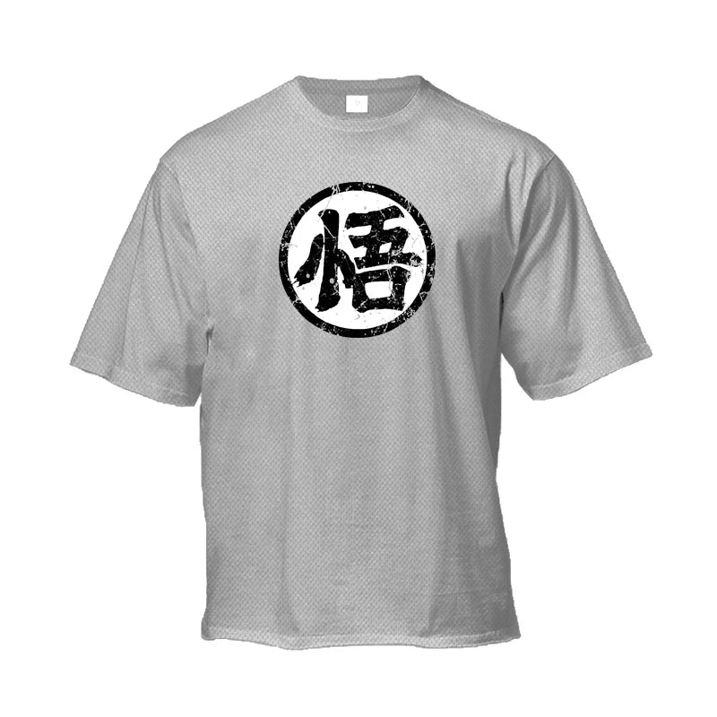 Japanese Anime Logo Wu Font Funny Printing Mens Loose Running T-shirt Summer Quick Dry Mesh Half Sleeve Gym Fitness Clothing
