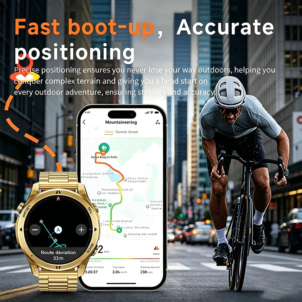 Gold Smartwatch for Men: 1.46-Inch AMOLED Screen, LED Flashlight, 560mAh Battery, 10ATM Waterproof, Bluetooth Call Smartwatch