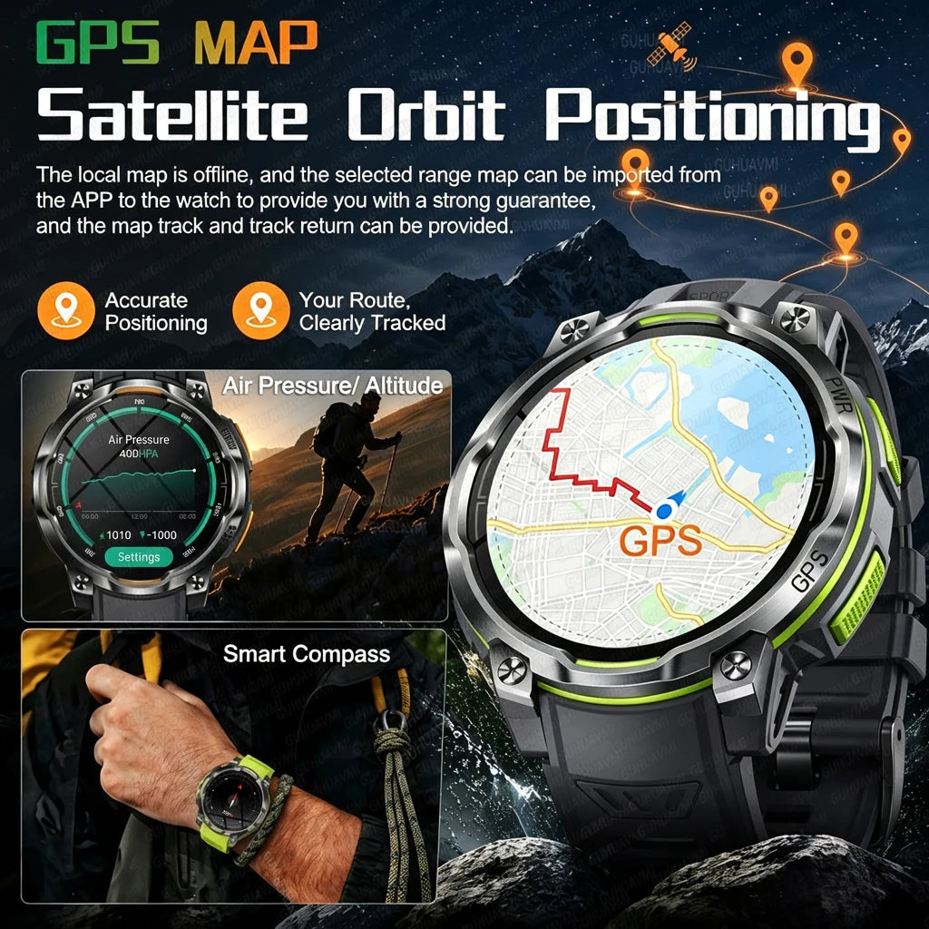 2026 New GPS Offline Map Smart Watch Men 1200mAh Battery IPX8 Waterproof Compass Altimeter Flashlight Bluetooth Call Smartwatch