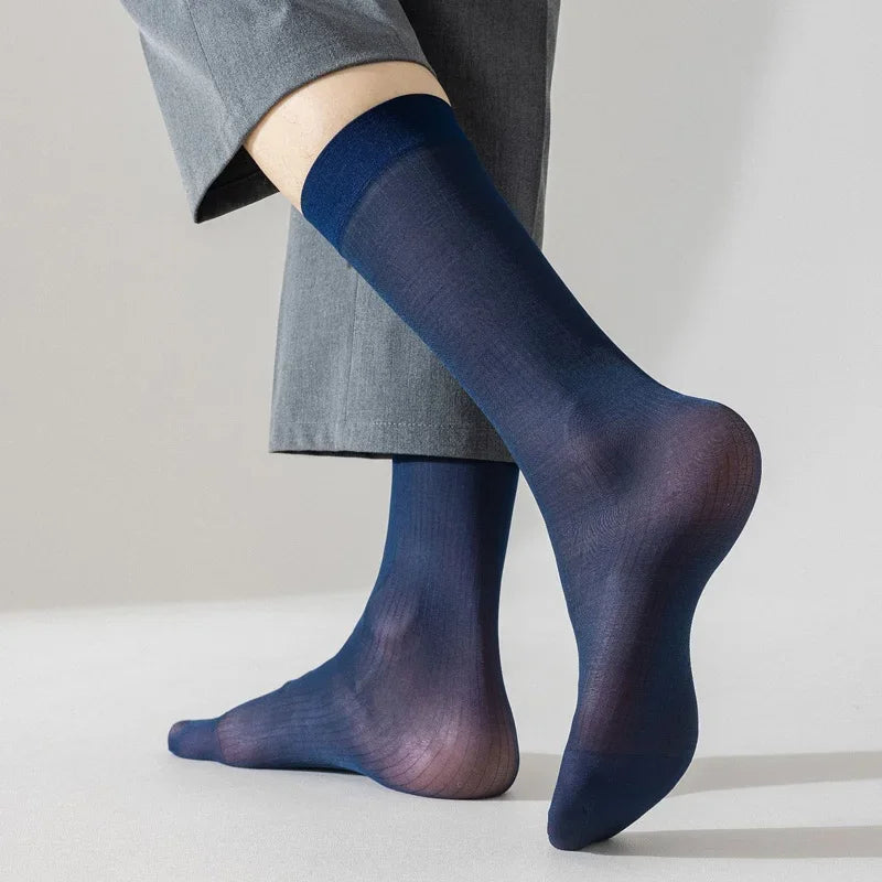 7 Pairs Man Short Silk Socks Thin Nylon Sweat-Absorbing Breathable Business Striped Soft Elastic Party Dress Casual Socks Summer