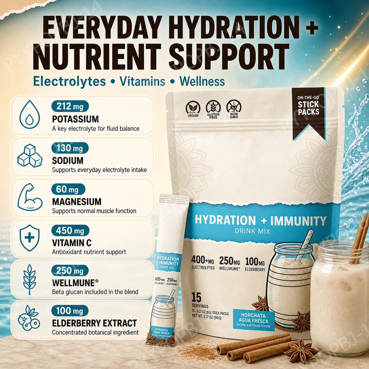 Hydration Packets + Immunity Electrolytes Powder Horchata - Agua Fresca Drink Mix Elderberry Low Calorie Non-GMO 15 Servings
