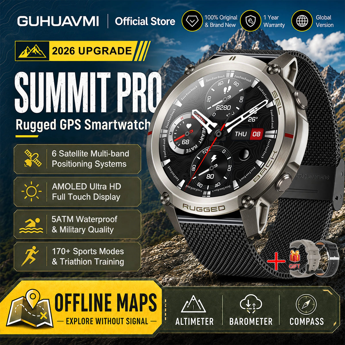 2026 New Google Maps Smart Watch GPS Route Tracking Offline Map Compass Fitness Tracker BT Call Rugged Outdoor HD Smartwatch Men