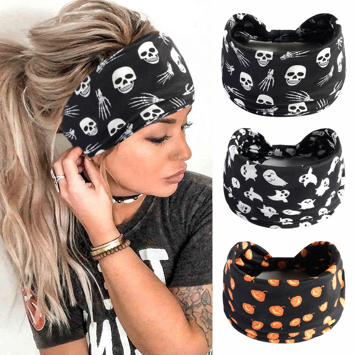 Halloween Printed Wide Headband Skull Pumpkin Ghost Pattern Stretch Elastic Hair Band Women Party Hair Accessory