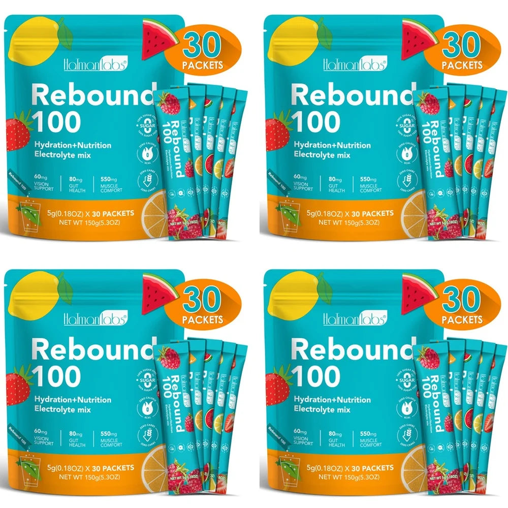 HalmanLabs Rebound 100 Electrolyte Mix Powder Packets Vitamins C B6 B12 Lutein For Hydration Gut Vision Muscle Adult 30 Count