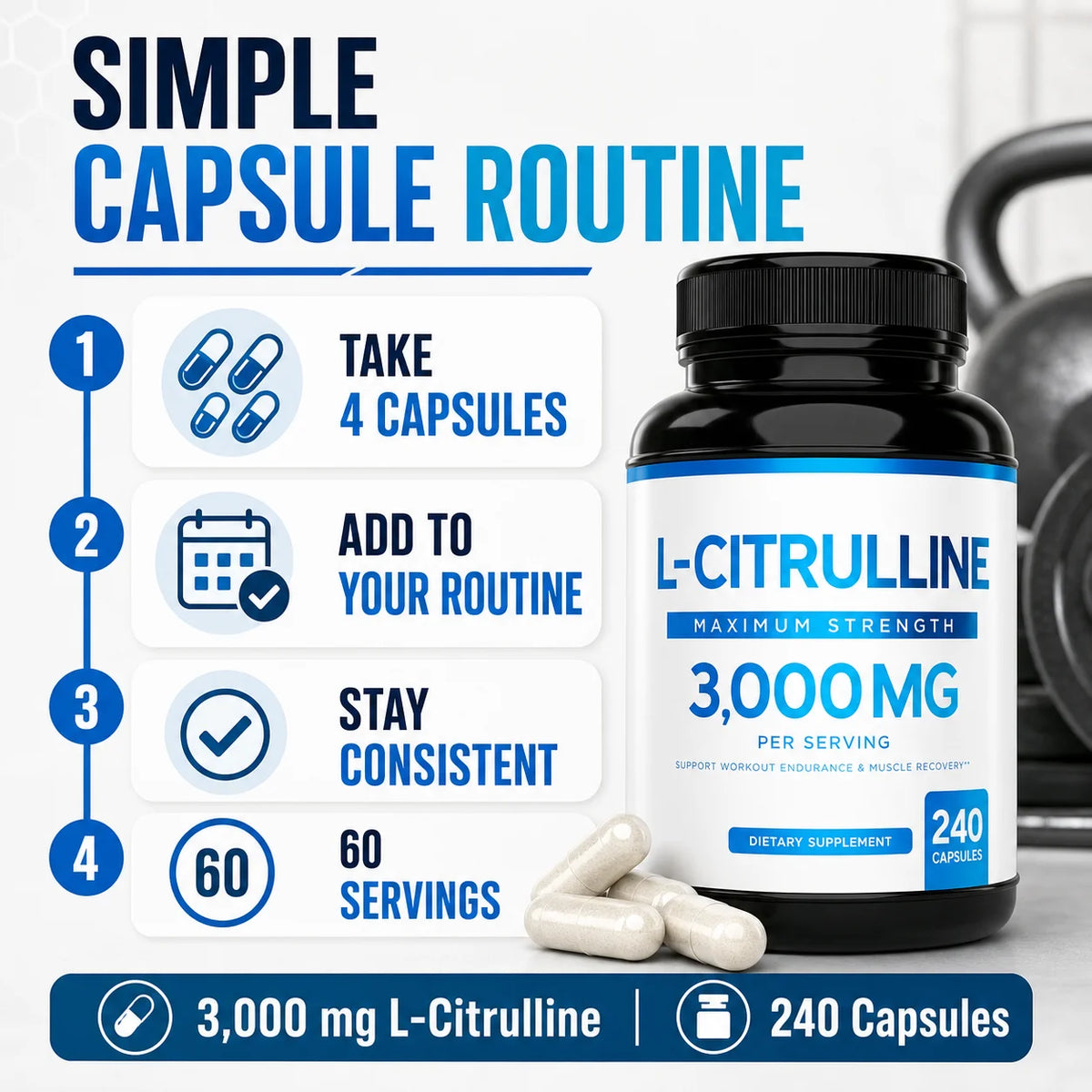 L-Citrulline 3000mg Supplement for Men & Women Vegan Amino Acid Sports Support for Workout Pump Muscle Recovery 60 Servings